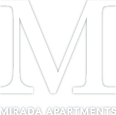 the apartments logo is blue and white